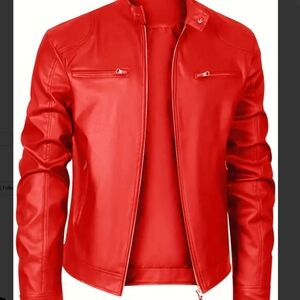 Faux LeatherRed Bomber Jacket with Sleek Modern Cut